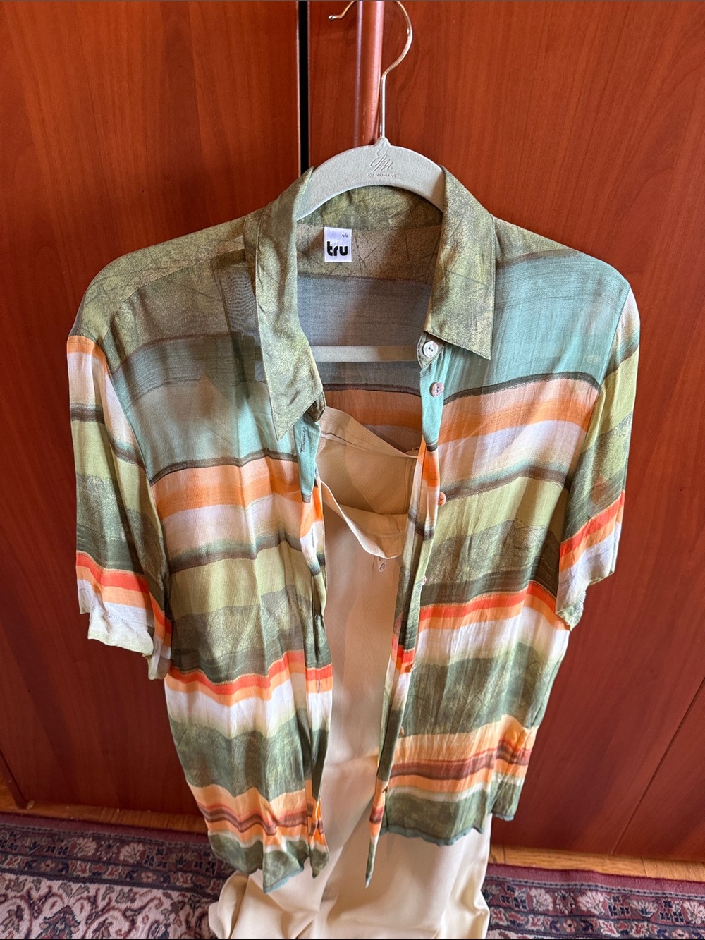 Woman’s silk Short Sleeve Stripe Button-Down Shirt in Green & Orange